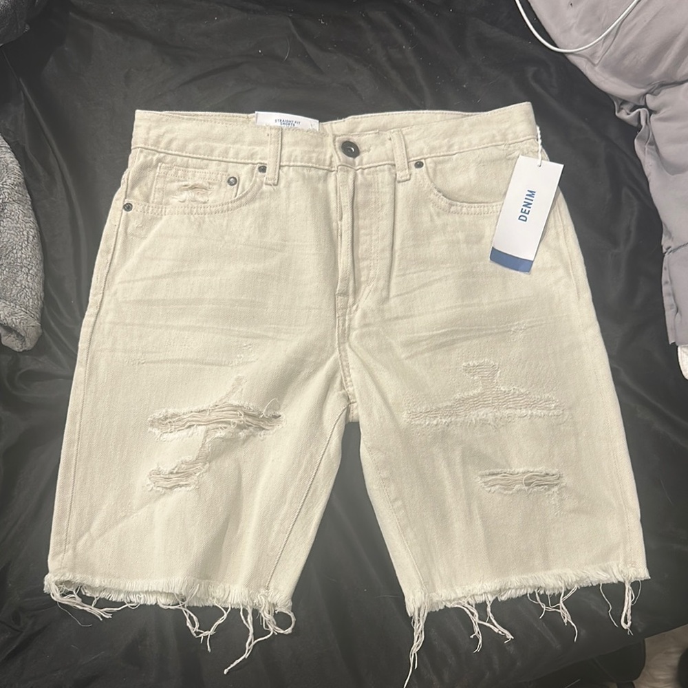 H&M Cream Distressed Jean Shorts Raw Hem